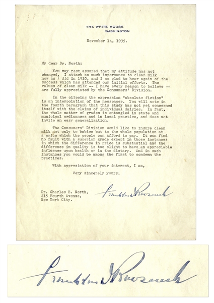 Franklin D. Roosevelt Letter Signed as President -- ''...insure clean milk not only to babies but to the whole population...''